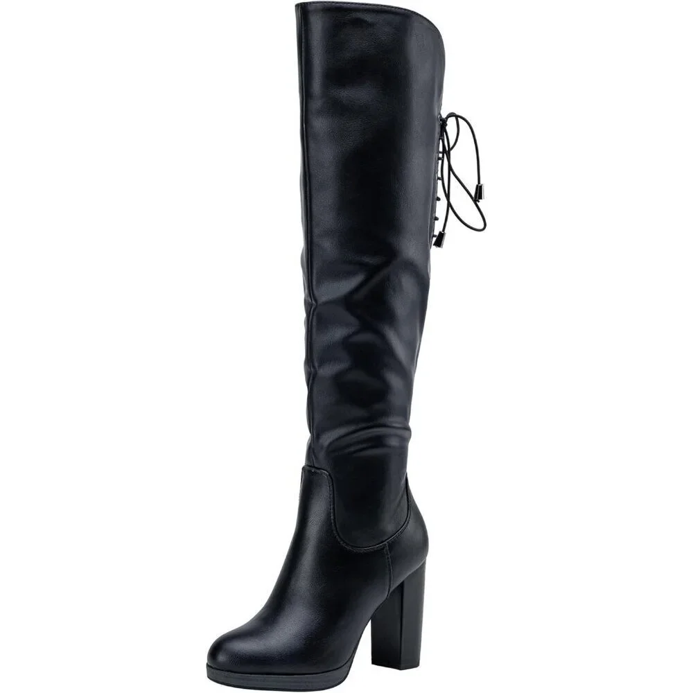 Women Blackpu-imitation Grain Synthetic suede Thigh High Over The Knee Tall Boot